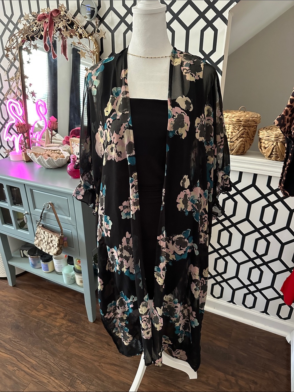 Betsey Johnson Black Sheer Floral Kimono Tunic with Pastel Floral Accents